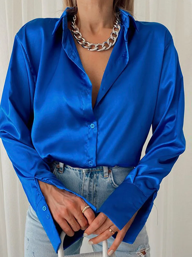 

Women 2023 Elegant Satin Solid Long Sleeve Blouses Female Chic Vintage Blue Green Casual Loose Fitting Buttons Down Shirts Tops