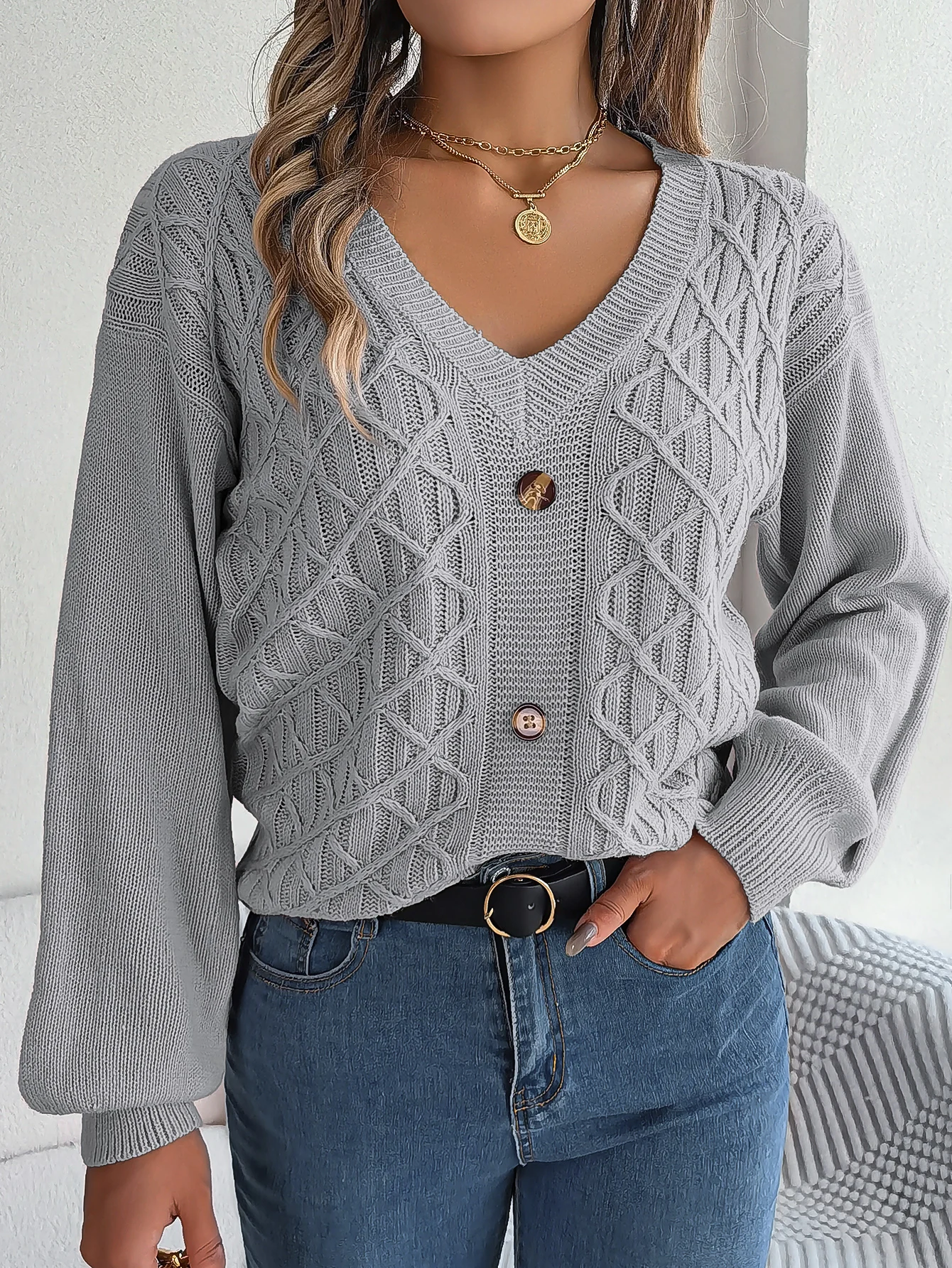 Women V Neck Knitted Sweater Pink White Khaki Grey Lantern Long Sleeve