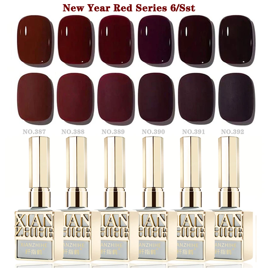 6-Piece Festive Red Nail Gel Polish Set with Glitter & Solid Colors