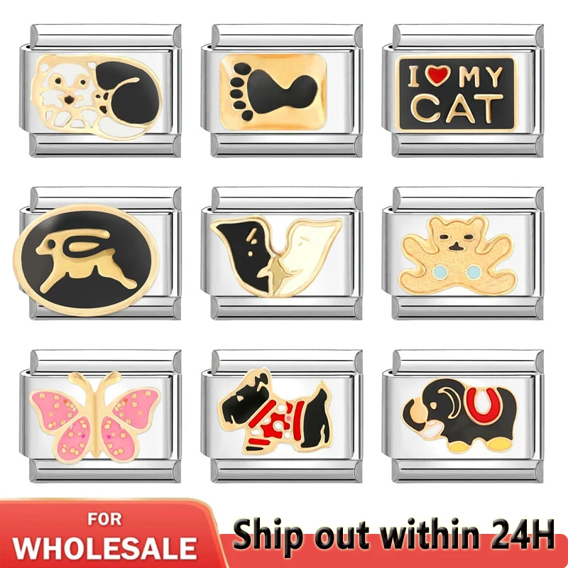 

2024 New Cute Animals Butterfly Rabbit Elephant Bear Charm Italian Links Fit 9mm Stainless Steel Bracelet Jewelry DIY Making