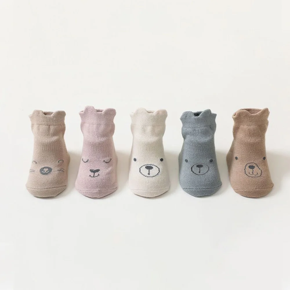 5 Pairs Infant Newborn Baby Anti-Slip Socks 5colored Bear Print Baby Girl Cotton Socks Solid Autumn Toddler Boys Knee Floor Sock 3
