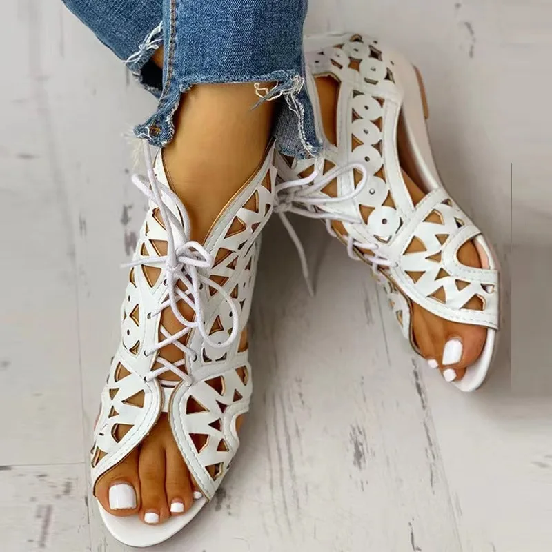 Women Sandals ENMAYER Fashion Cut-outs Lace Up Sandals Open Toe Low Wedges Bohemian Summer Beach Woman