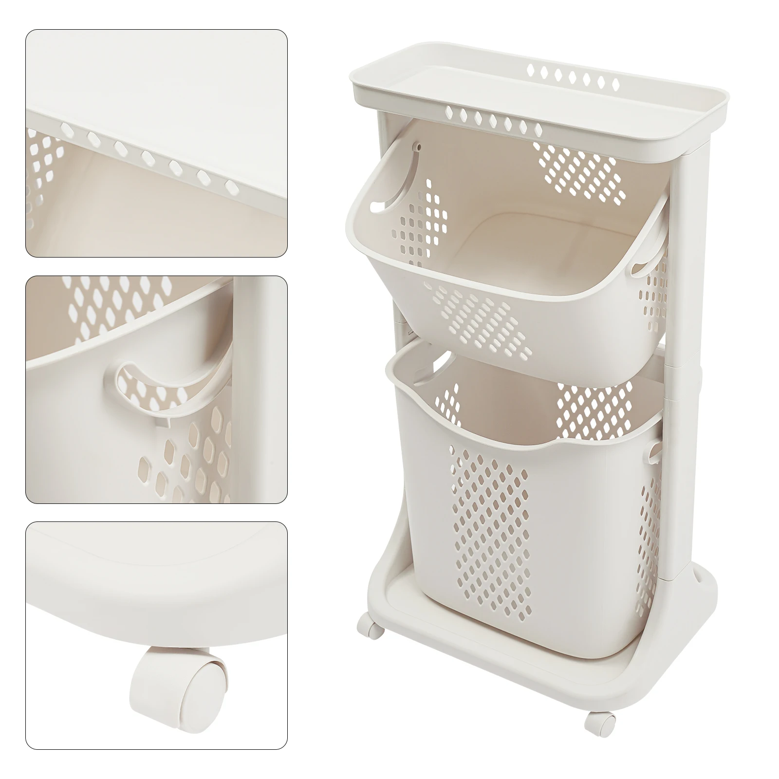 2-stufiger großer rollender Wäschekorb-Aufbewahrungskorb mit Rädern, weißer moderner Organizer für Badezimmer, Schlafzimmer, Waschküche – Detail 12