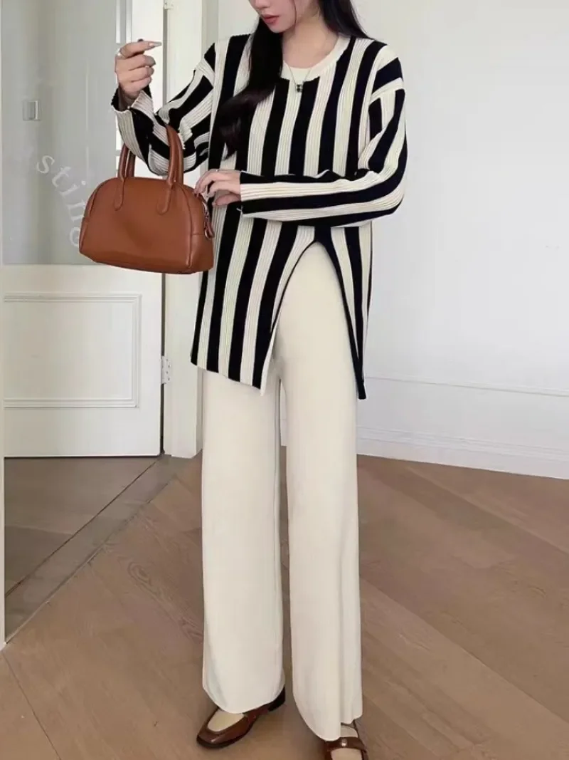 Striped Knitwear Fashion 2 Piece-Set For Women Contrast Long Sleeve Split Straight Trousers Outfits Women's Pants Sets