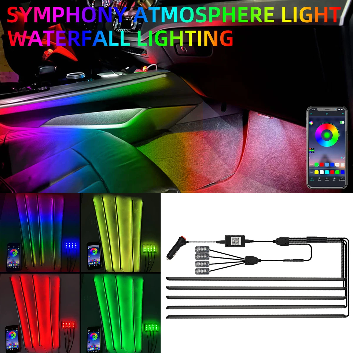 

9in1 Car Ambient Light RGB Colors LED Dynamic Music Symphony Lamps With App Control Auto Interior Acrylic Neon Lights Strip 12V