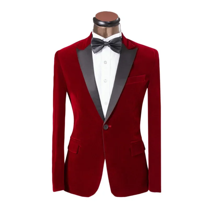 Black Lapel Red Velvet Blazer Fit Men Suits Casual Jacket Stylish Prom Stage Clothing Wedding suits(Jacket+Pants+bow tie)