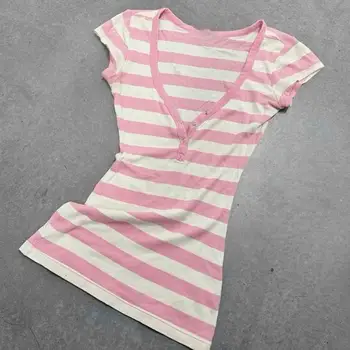 Euramerican Sweet V Neck Short Sleeve Girl T Shirts Y2k All Match Constrast Color Striped Slim Commuter Tops Harajuku Punk Tees 1