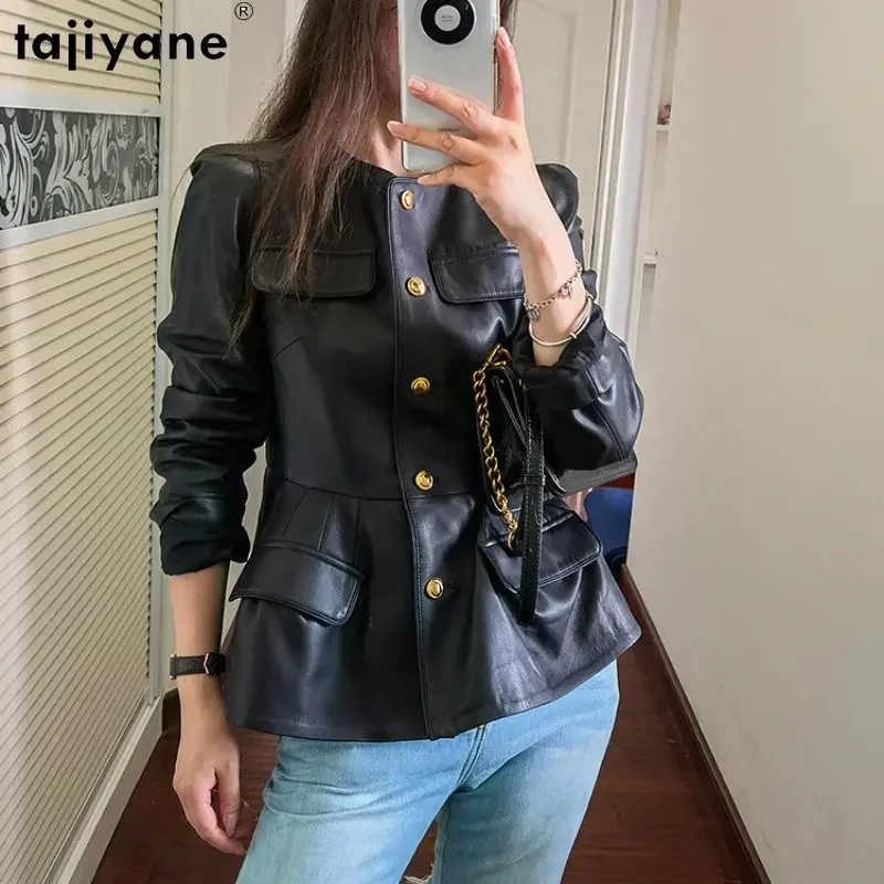 

Tajiyane Genuine Sheepskin Leather Jacket Women Elegant Single-breasted Leather Jackets O-neck Real Leather Coat Casual Outwear