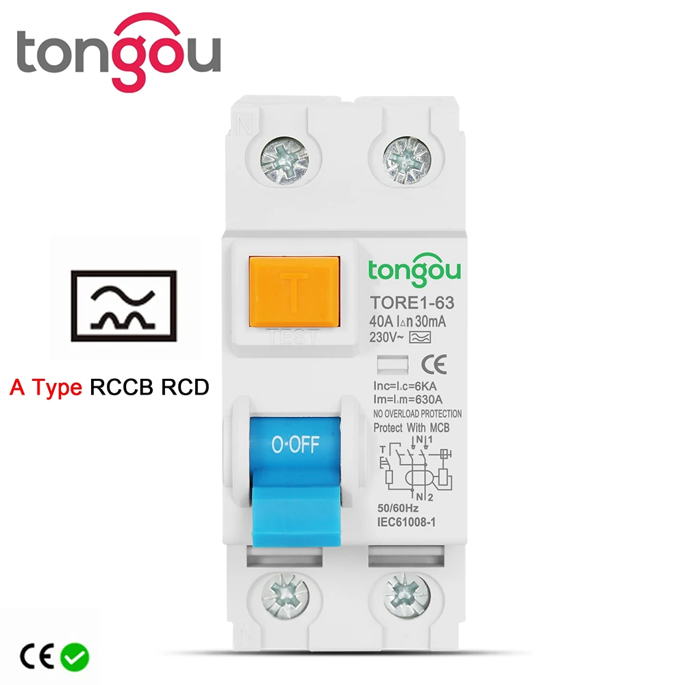 TONGOU Type A RCCB RCD 230V 2P 16A 63A 30mA 6KA Electromechanic Residual Current Circuit Breaker