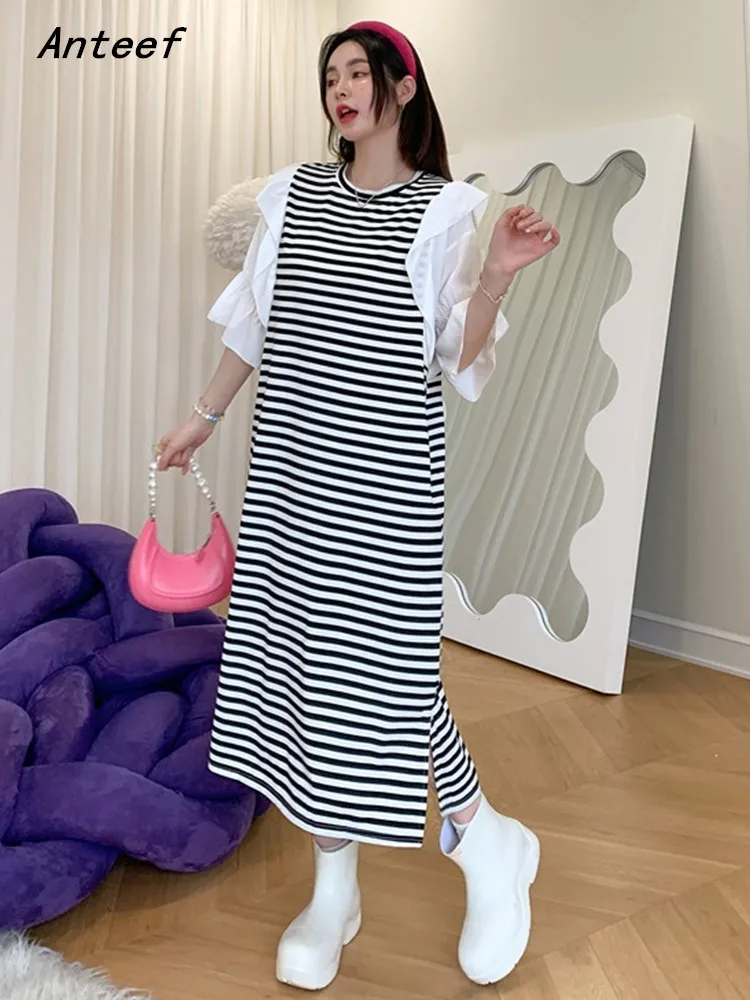 

short sleeve oversized cotton vintage stripe dresses for women casual loose long summer dress elegant clothing 2022
