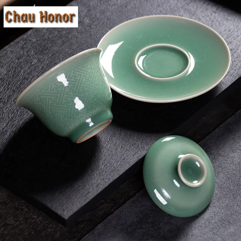 125ml Longquan Celadon Plum Green Gaiwan Boutique Tea Tureen Tea Bowl with Lid Kit Tea Brewing Cover Bowl Tea Services Craft