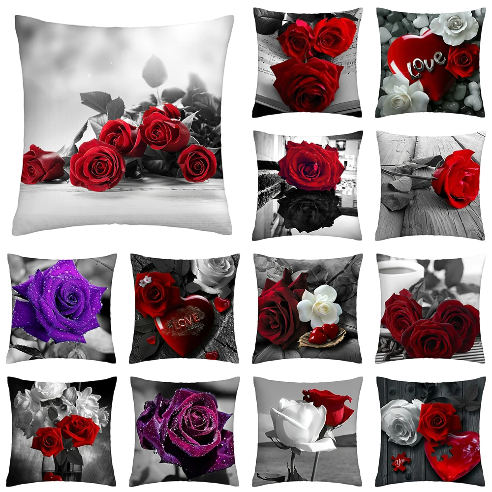

Red Rose Flower Print Pattern Cushion Cover Home Living Room Sofa Decoration Square Polyester Pillow