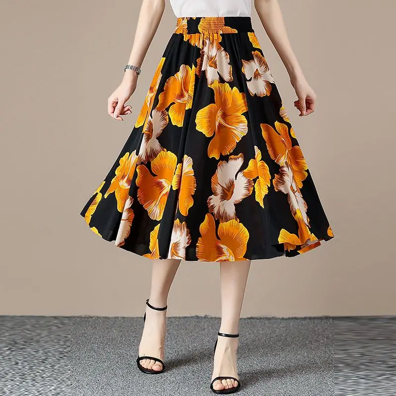 Summer Women Floral Chiffon Skirts Fashion Vintage Thin Female