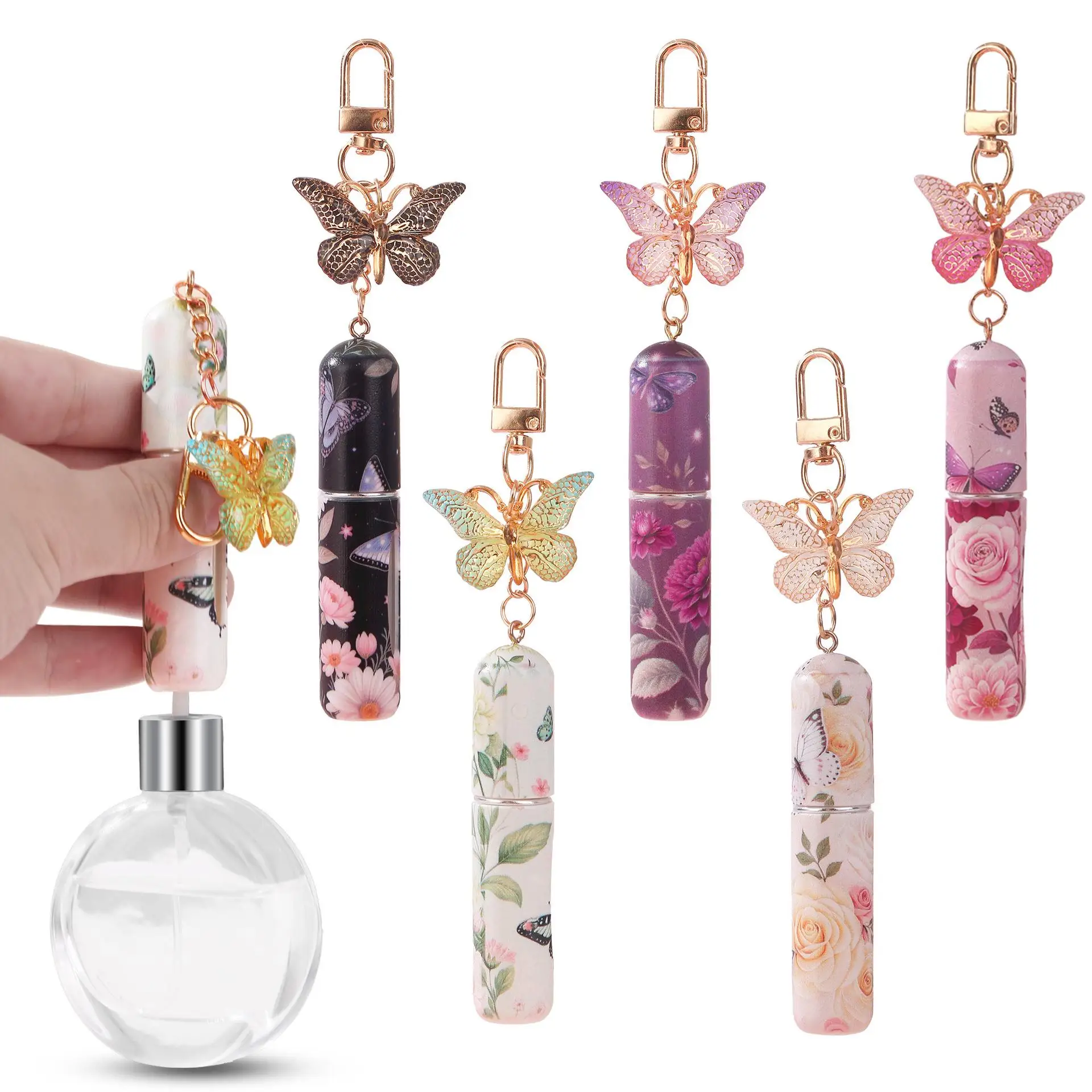 Conjunto de chaveiro de perfume borboleta, garrafas de viagem recarregáveis com capacidade de 5ML, dispensador de perfume portátil à prova de vazamentos, pacote de 5
