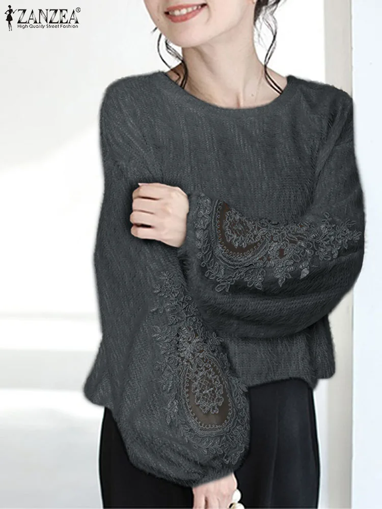 

ZANZEA Elegant Lace Sweater Women Vintage Crewneck Tops 2023 Autumn Lantern Long Sleeve Pullovers Casual Loose Solid Knitwear