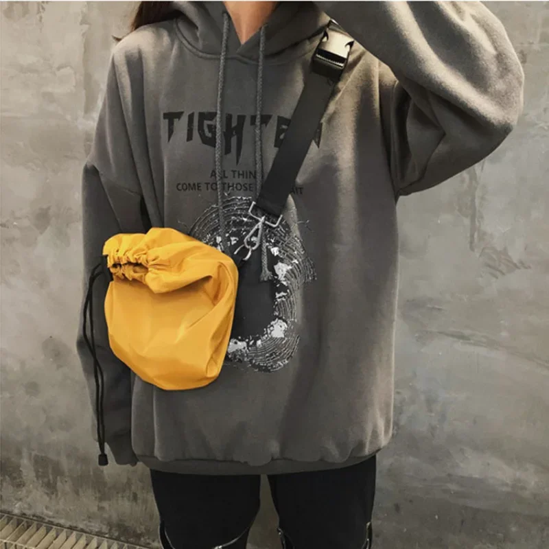 Women Nylon Drawstring Crossbody Bag Cool Black Sport