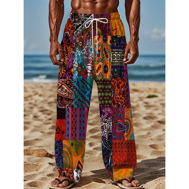 MEN'S Casual Bohemian Printed Drawstring Straight Leg Pants With Slight Stretch Loose Fit Active Trousers With Vintage Style 1