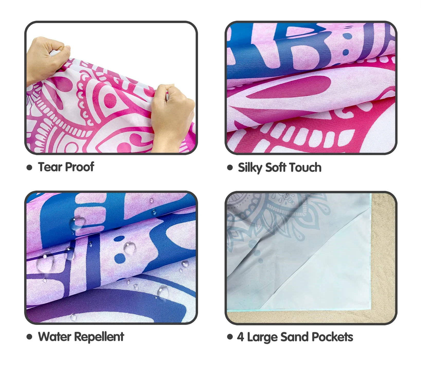 Sand Proof Beach Blanket with Corner Pockets and Mesh Bag for Beach Party,Travel,Camping,Watercolor Sky Blue Light Pink Mandala 4