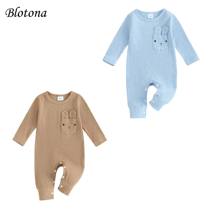 

Blotona Baby Girls Boys Easter Romper Long Sleeve Crew Neck Ribbed Rabbit Pocket Casual Jumpsuit 0-18Months