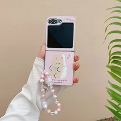 Stylish Mirror Cartoon Bear Phone Case with Bracelet and Slim Plating Design for Galaxy Zflip6 (Pink rabbit)