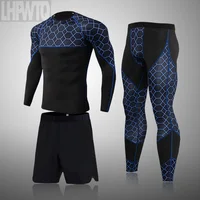 Men Compression Suit Base Layer Running Fitness Tights Leggings Sports Shirts Grid  MMA Rashguard Tracksuit Male Jogging Set