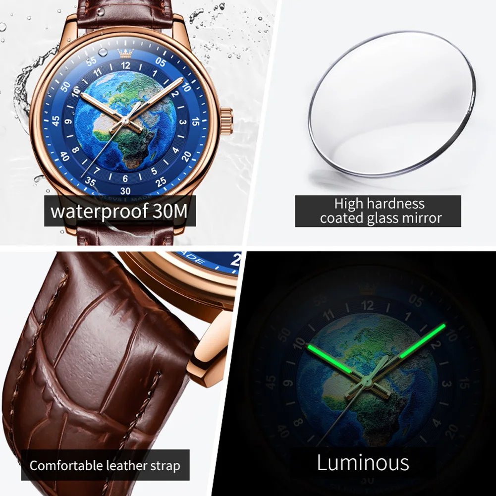 OLEVS New Fashion Globe Pattern Quartz Watch for Men Leather Sport Wristwatch Luminous Hands Waterproof Watches Reloj Hombre