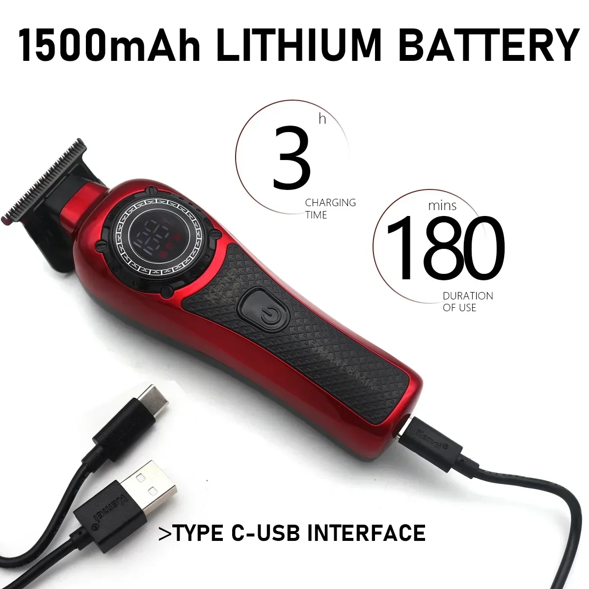 Beard Trimmer Kemei 999 Professional for Men DLC T-Blade Zero Gapped LED Display Cordless USB Hair Clipper Finishing Machine