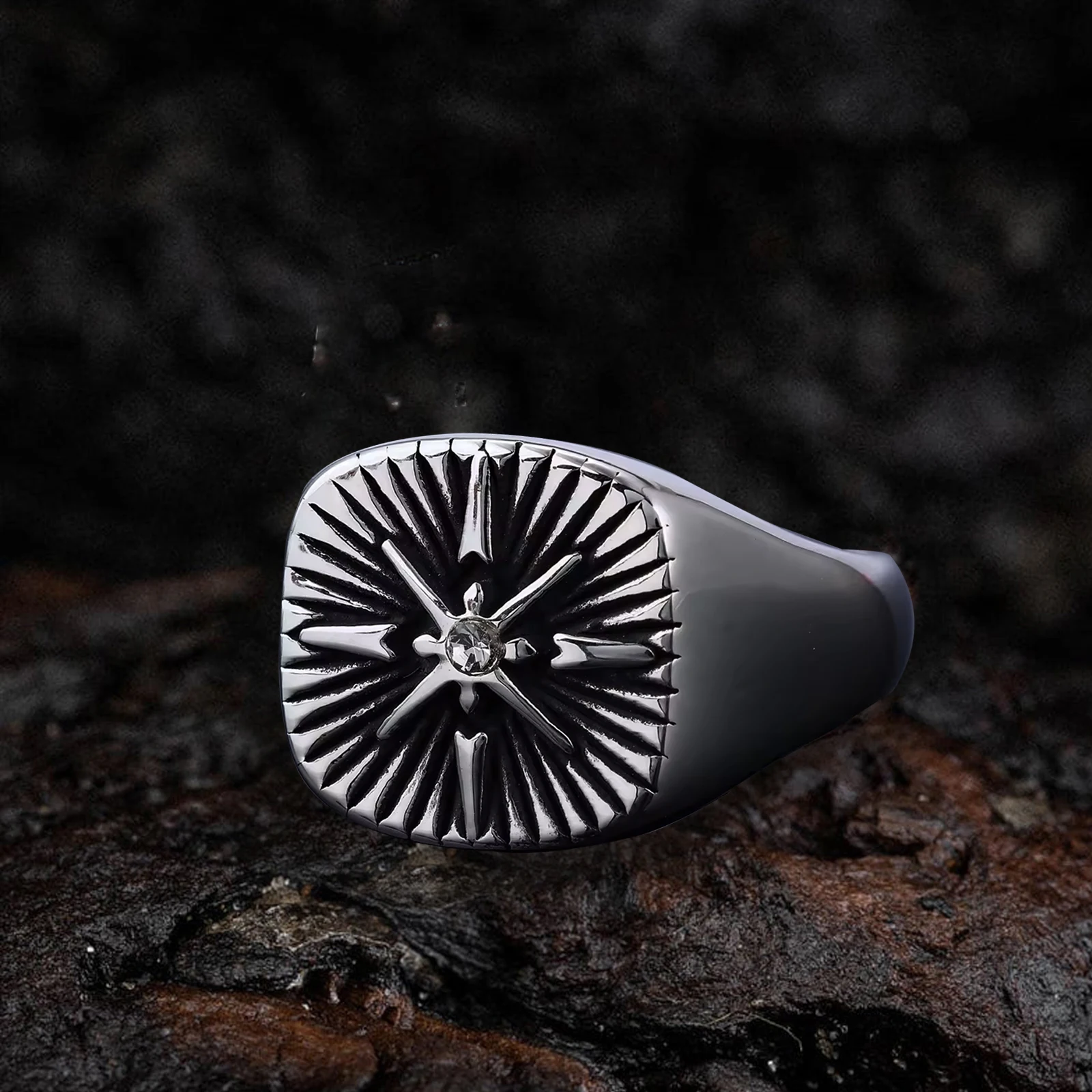 Unisex Vintage Punk Hip Hop Stainless Steel Jewelry, Personalized Viking Rose Compass Star Stamp Ring