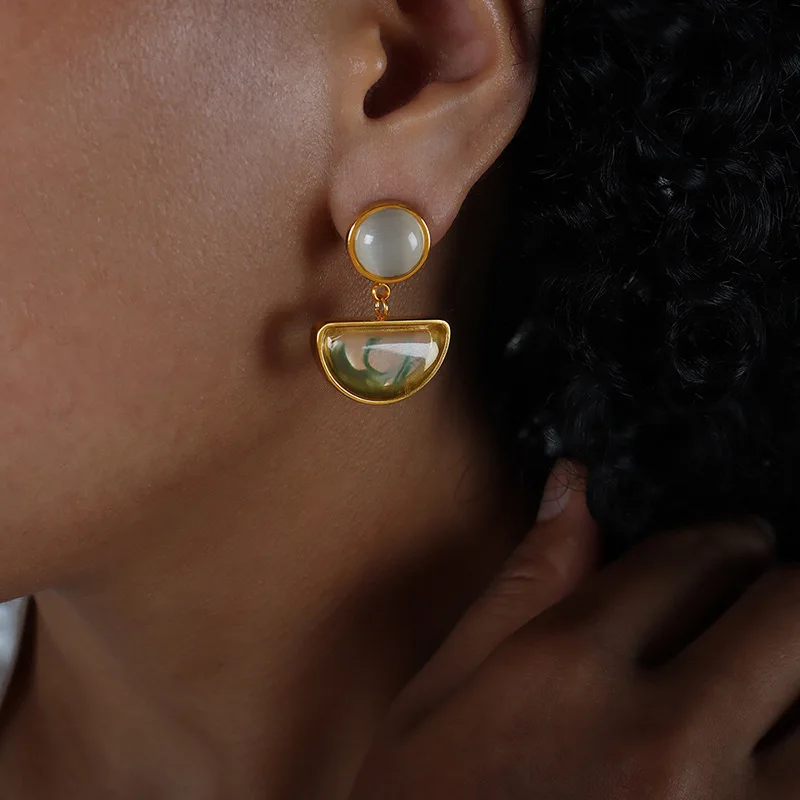 

STELVIO Designer Luxury Vintage Resin Opal Titanium Steel Gold Plated Earrings For Women Jewelry Gift Summer Accessories