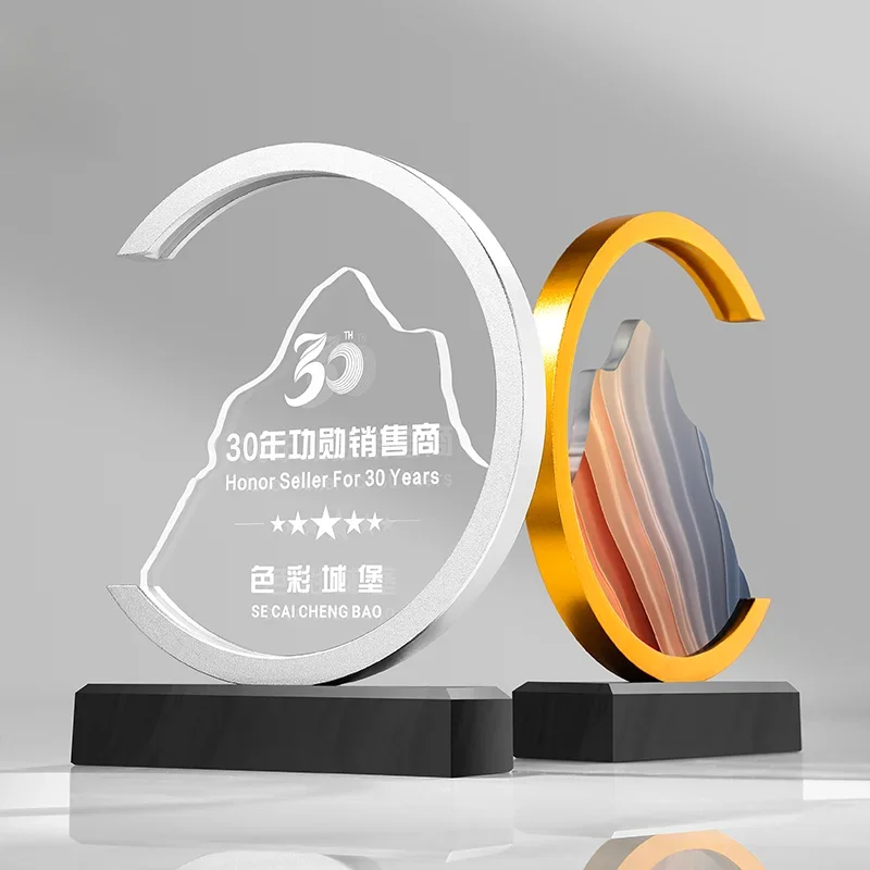 Customized Creative Metal Peak Shape Crystal Trophy Excellent Souvenir Reward Home Decoration Honor Gold Silver Copper Medal 1Pc