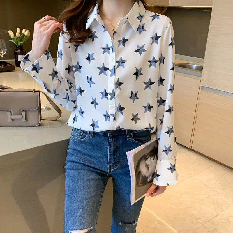Women Chic Five-pointed Star Printed Chiffon Shirt Spring New Loose Turn-down Collar Button Cardigan Female Top Basic Blouses