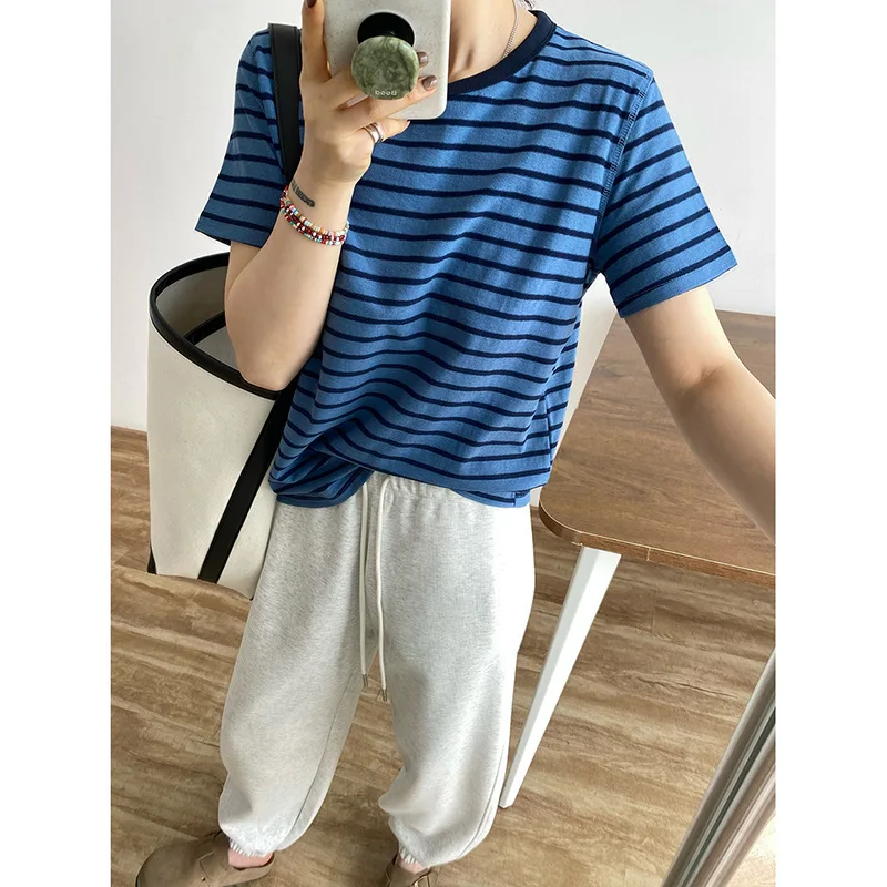 

Женская хлопковая футболка в полоску, яркая повседневная футболка в Корейском стиле с коротким рукавом, лето