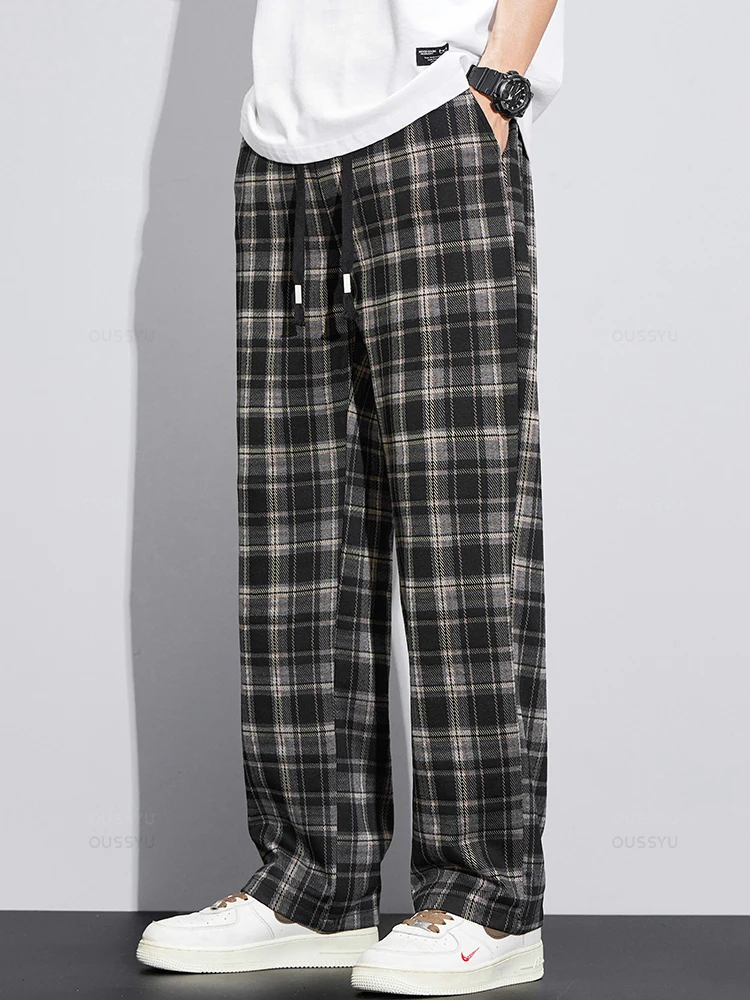Spring Summer High Quality Classics Plaid Casual Pants Men Loose Straight Wide Leg Elastic Waist Jogger Trousers Male Streetwear 2