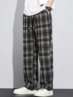 Spring Summer High Quality Classics Plaid Casual Pants Men Loose Straight Wide Leg Elastic Waist Jogger Trousers Male Streetwear 2