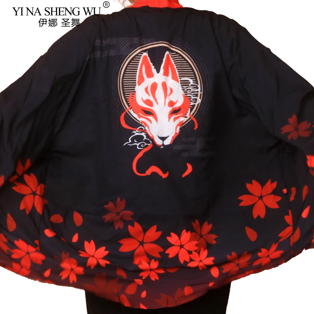 Fox Mask Print Coat Japanese Kimono Cardigan Shirt Women Haori Yukata Cosplay Men Traditional Clothing One Size