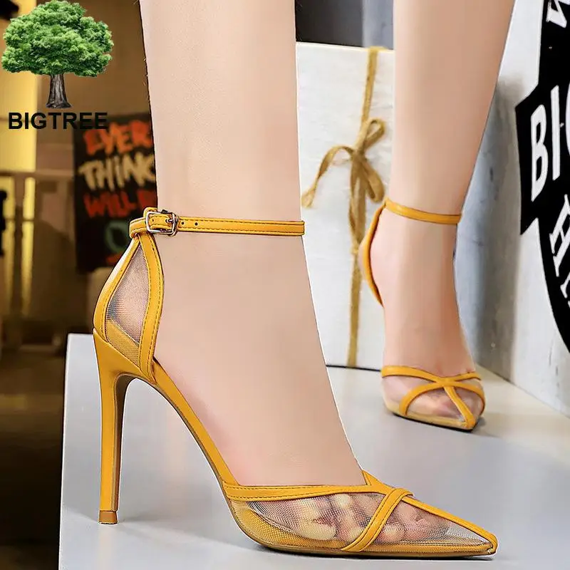 

BIGTREE Shoes Mesh Hollow High Heels Pointed Toe Women Pumps Sexy Party Shoes Stiletto Heels Sandals Women Shoes Plus Size 42 43