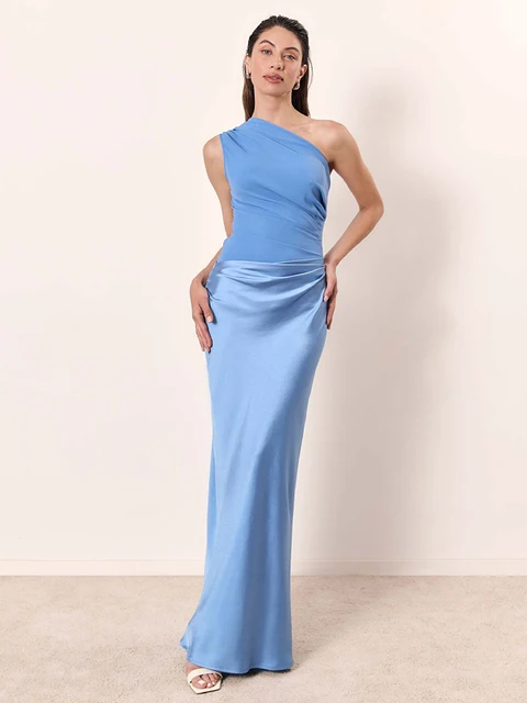 Robe longue élégante asymétrique en satin patchwork pour femme, sans manches, froncée, ajustée, pour invitées de mariage et soirées 2026
