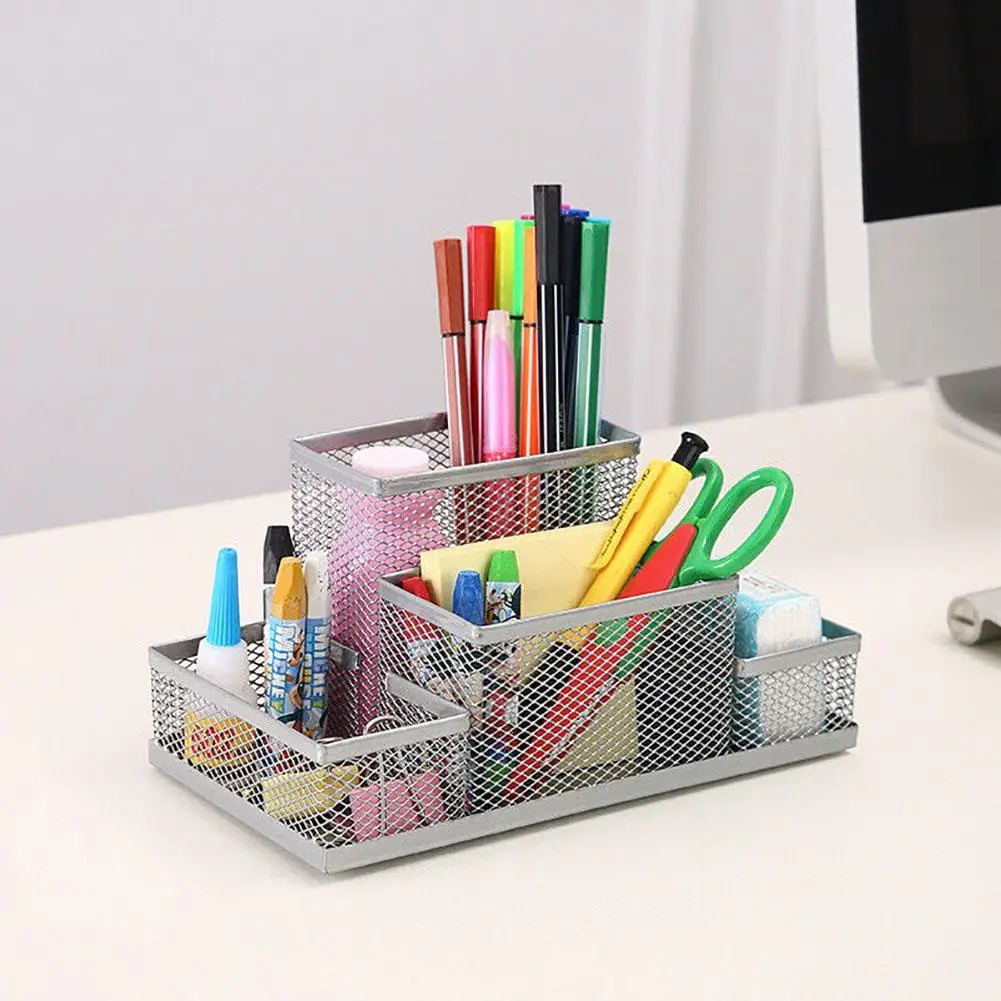 Mesh Desk Organizer Desktop Pen Holder 4 Compartments Metal Stationary Organizer Desk Caddy Office Home Stationery Supplies pen holder,stationery organizer,desktop storage shelf,desktop storage box,desktop storage kit,stationery storage box,storage drawer boxes