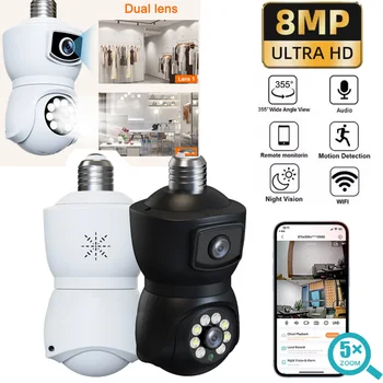 8MP CCTV Wireless Bulb Camera 4K Dual Lens Auto Tracking PTZ Camera Color Night Vision Audio Security Surveillance Camera 64GB 1