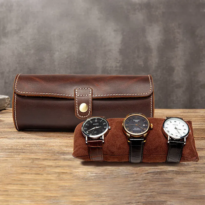 Men's Round Shape Watch Bag Genuine Leather Watches Box Vintage Coffee 1-3 pcs Watch Storage For Travel High Quality