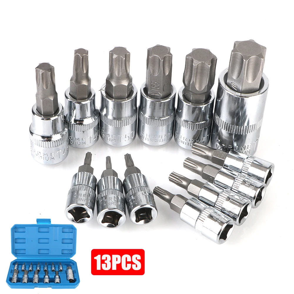 

Car Removal Tools T8-T70 Socket Wrench Tools 13 Pcs Torx Bit Socket Set For Ratchet Torque Spanner 1/4" 3/8" 1/2" Drive