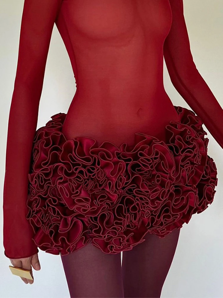 Sexy Red 3D Flowers Dress Suits Women Fishbone Bandage Adjustable Tube Top Flower Mini Skirt Suit Party Club Lady Outfits 2024 3