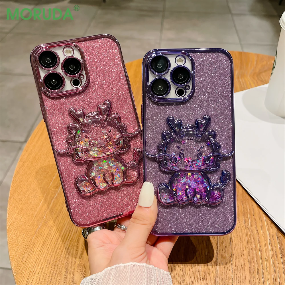 Quicksand Dinosaur Glitter Phone Case 11 12 13 Pro Max Shockproof Lens Silicone for iPhone 14 15 ProMax_voghion.com