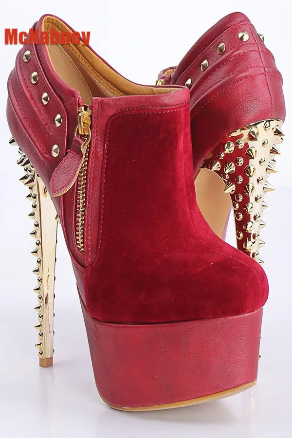 

Rivet Tin Heels Ankle Boots Stiletto High Heel Pointed Toe Suede Pumps Zipper Sexy European Style Party Women Fashion Shoes