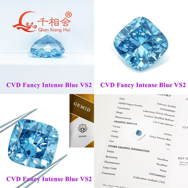 CVD Lab Grown Diamond Loose Stone 1.6ct-2ct Cushion Shape Fancy Vivid Aquamarine Blue Clarity VS1 Certified Gem by GEMID