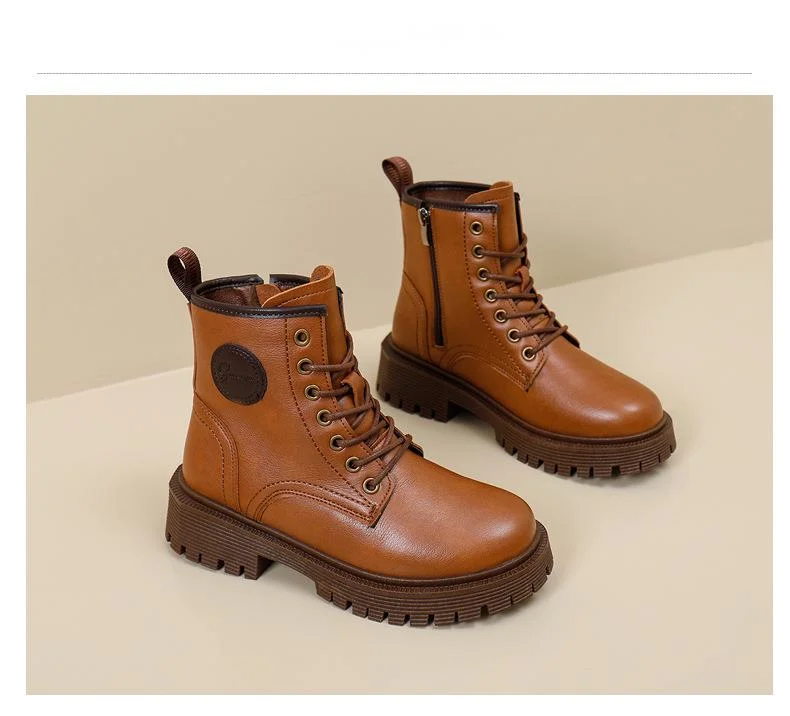 British Style Women's Leather Ankle Boots With Thick Sole_voghion.com