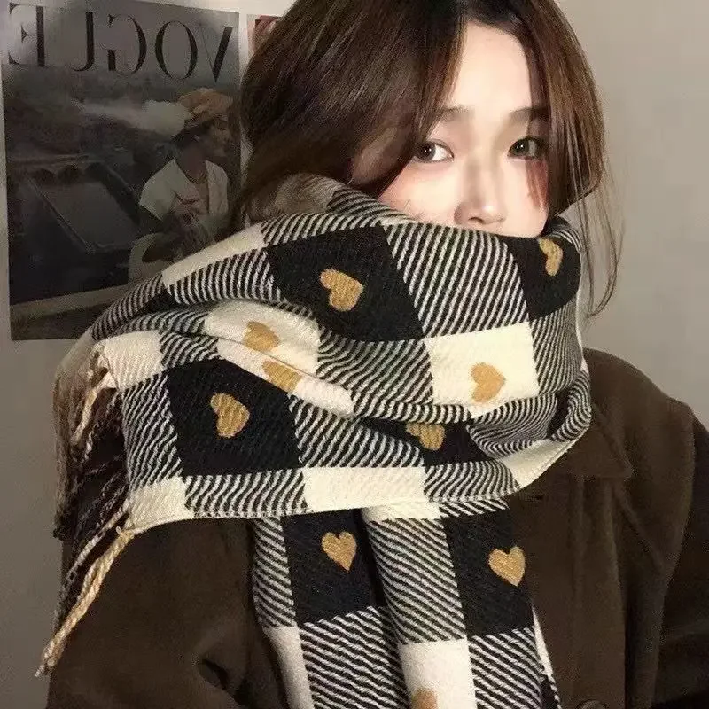 Autumn Winter Imitation Cashmere Women's Double-sided Long Love Plaid Tassel Scarf Outdoor Windproof Large Shawl Thickened Neck