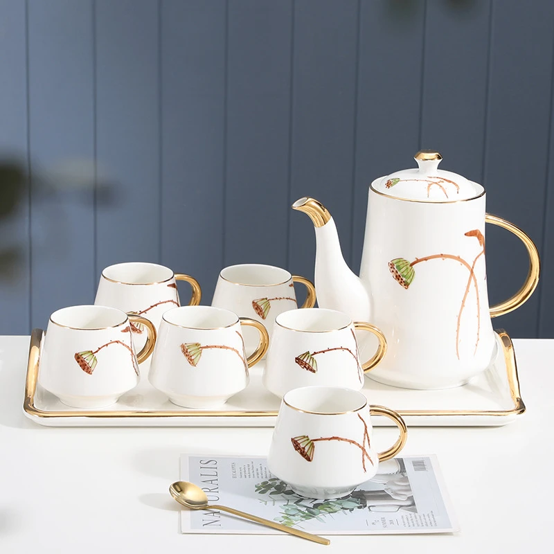 

Chinese Lotus Leaf Printed Coffee Cup Set Simple Home Golden Edge Ceramic Nordic Afternoon Tea Set Drinkware Cold Kettle Gift