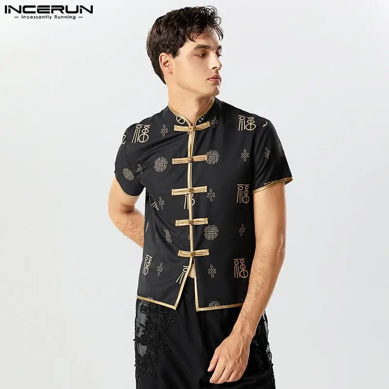 

INCERUN Tops 2023 Chinese Style Men's Print Knot Button Shirts Handsome Male Hot Sale Standing Collar Short Sleeve Blouse S-5XL