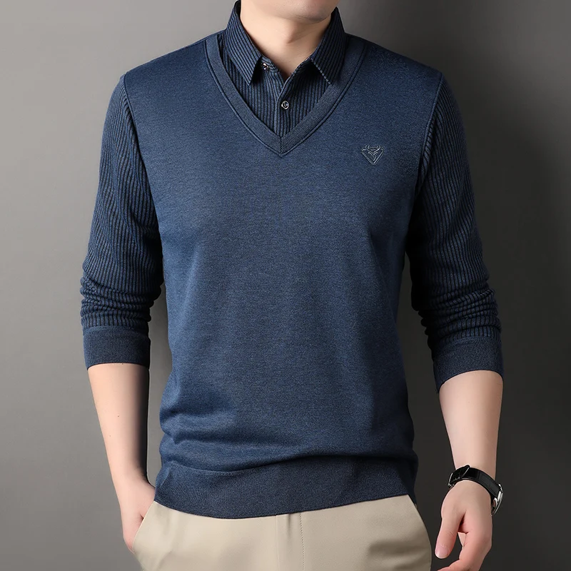Men's Polo Collar Shirts Autumn Fashion Knitting Pullovers Striped Thick Slim Fit Korean Mens Top Clothes polo collar shirt